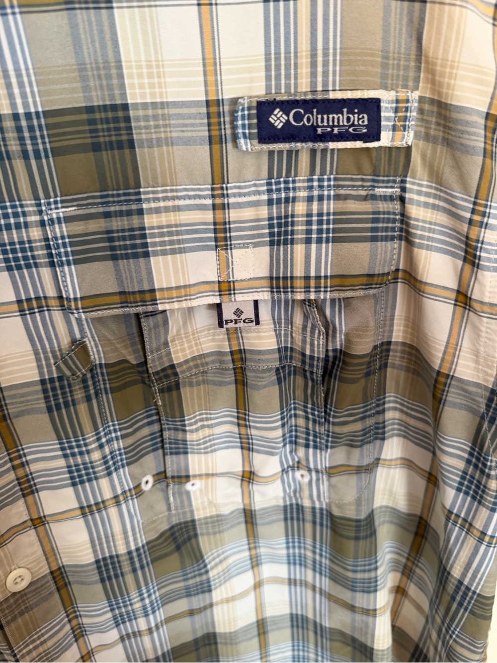 Columbia PFG Plaid Button-Down Shirt in Olive, Blue & White with Yellow Accents